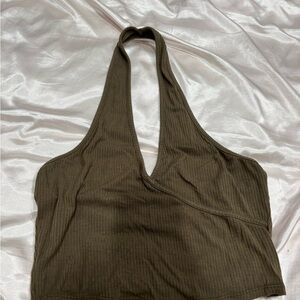 Ribbed Halter Crop Top in Olive Green